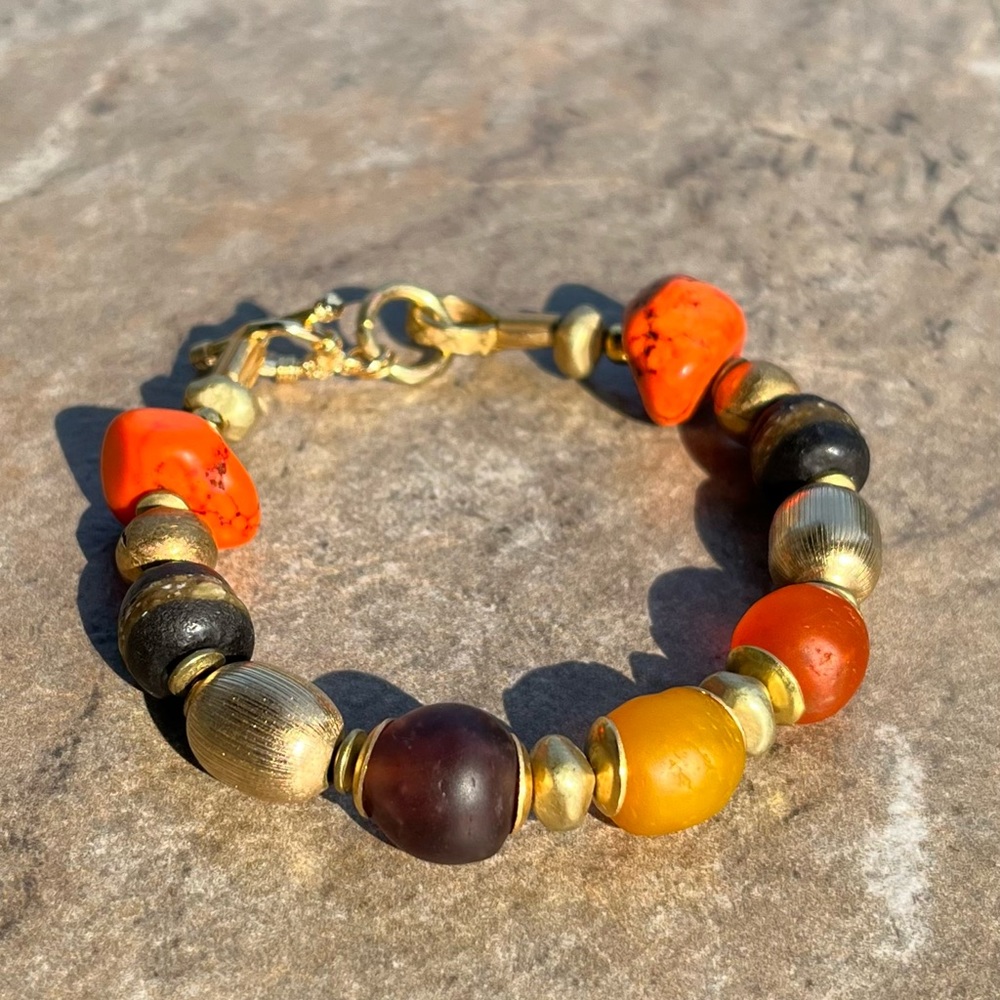 Boho Chic Bracelet Ghanaian Recycled Glass Howlite Vintage Italian Gold Filled